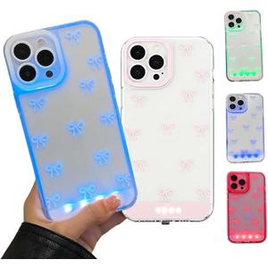 Vibrant LED Bowknot Phone Case, Built-in LED Phone Case, Incoming Call Flash Light Up Phone Case for iPhone 13/14/15/16/17 Pro/Plus/Pro Max (Pink, iPhone 15 pro)