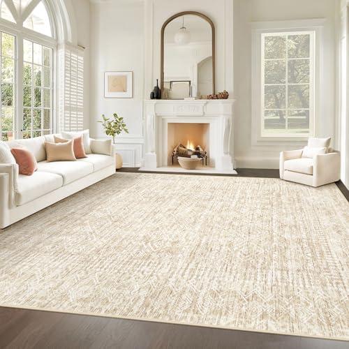Living Room Rugs 8x10: Washable Moroccan Geometric Boho Rug Farmhouse Non Slip Stain Resistant Large Rug Low Pile Soft Carpet for Bedroom Dining Room Children Room (Beige,8'x10')