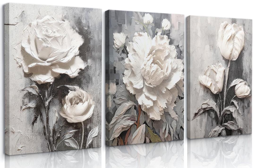 KUCGONHOS 3Pcs Black and White Floral Wall Art White Modern Elegant Flowers Wall Decor Prints Abstract Blooming Floral Painting Posters Pictures for Living Room Bedroom Home(16x24in Canvas)