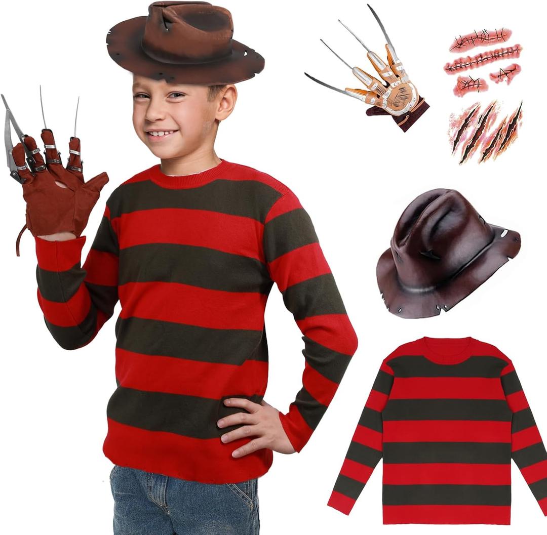 Nightmare Killer Costume Kids Striped Sweater Krueger Hat Glove Scar Stickers Halloween Costume 3-14 Years (X-Large/11-12 Years, Red)