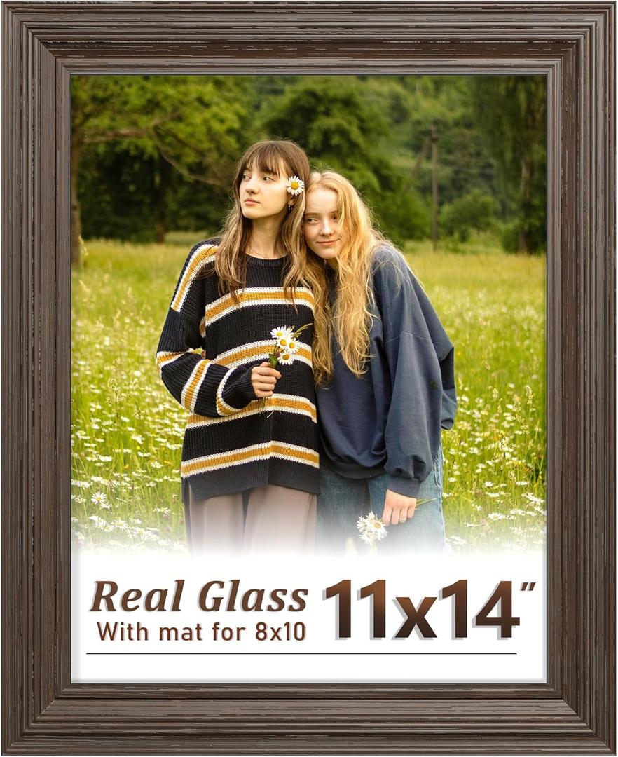 11x14 Brown Picture Frame - Real Glass, Classic Thick Frame Display Pictures 8x10 with Mat or 11 x 14 without Mat, Wall Hang or Table Stand