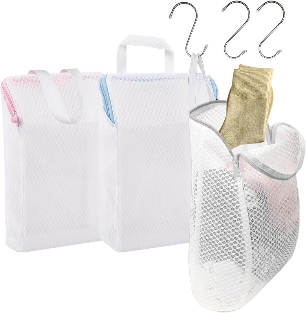 3 Pcs Laundry Bags Mesh Wash Bags with S Hooks,Bra Washing Bags for Laundry, Laundry Bags for Delicates,Sock Bag for Washing Machine,12 x 7.9 Inch (3 Color), Standard