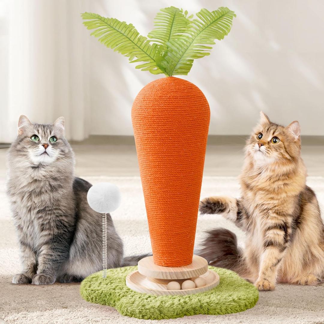 Cute Cat Scratching Post, Carrot Cat Scratcher Post with Durable Natural Wooden Turntable Toy and Catnip, 24' H Carrot Shape Design Sisal Cat Tree Sisal Scratcher for Indoor Cats (Cloud Base) (Orange)