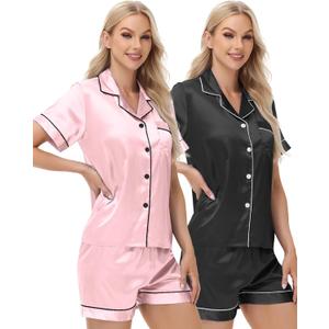 2 Pack Silk Satin Pajama Set for Women Soft Silky Pjs with Short Sleeve Button-Down & Elastic Waist Shorts Pajama,Pink Black,XXL