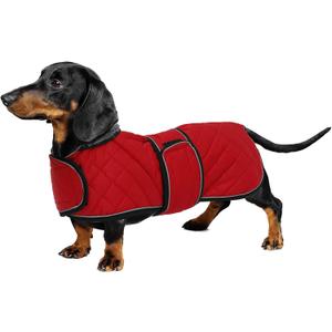 Geyecete Warm Thermal Quilted Dachshund Coat, Dog Winter Coat with Warm Fleece Lining, Outdoor Dog Apparel with Adjustable Bands for Medium, Large Dog-Red-S