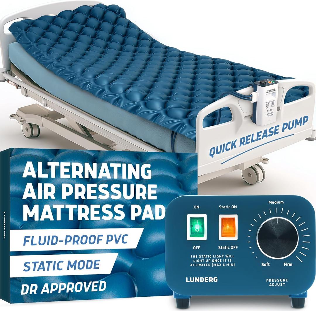 Lunderg Alternating Air Pressure Mattress Pad with Static Mode - Comfortable Bed Sore Prevention - Includes Waterproof Mattress Topper for Hospital Bed or Home & Quiet Pump - Doctors Recommended (Twin Size (35"x75"))
