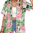Women Hawaiian Shirt Button Down Summer Tops Beach Cool Short Sleeve V Neck Blouse (3X-Large, Pink Flower Print)