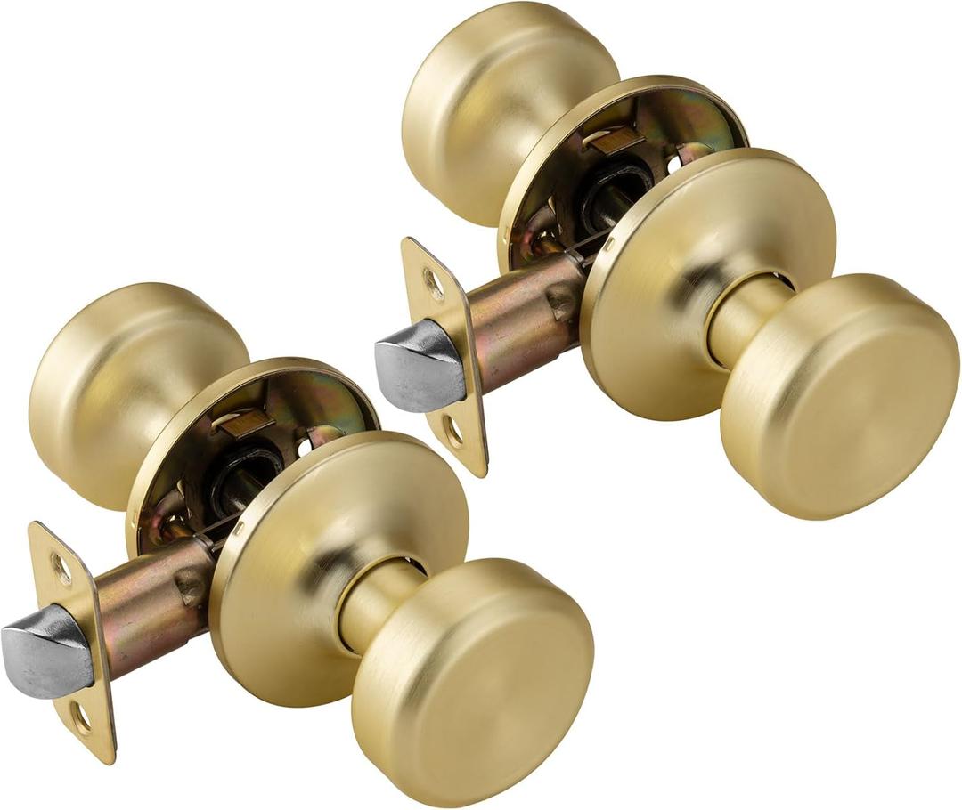 2 Pack Brushed Gold Interior Door Knobs, Satin Brass Pismo Door Knob for Hall & Closet
