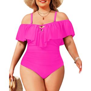 Daci Women Plus Size One Piece Swimsuits Tummy Control Ruffle Off Shoulder Bathing Suits (XX-Large, Hot Pink)