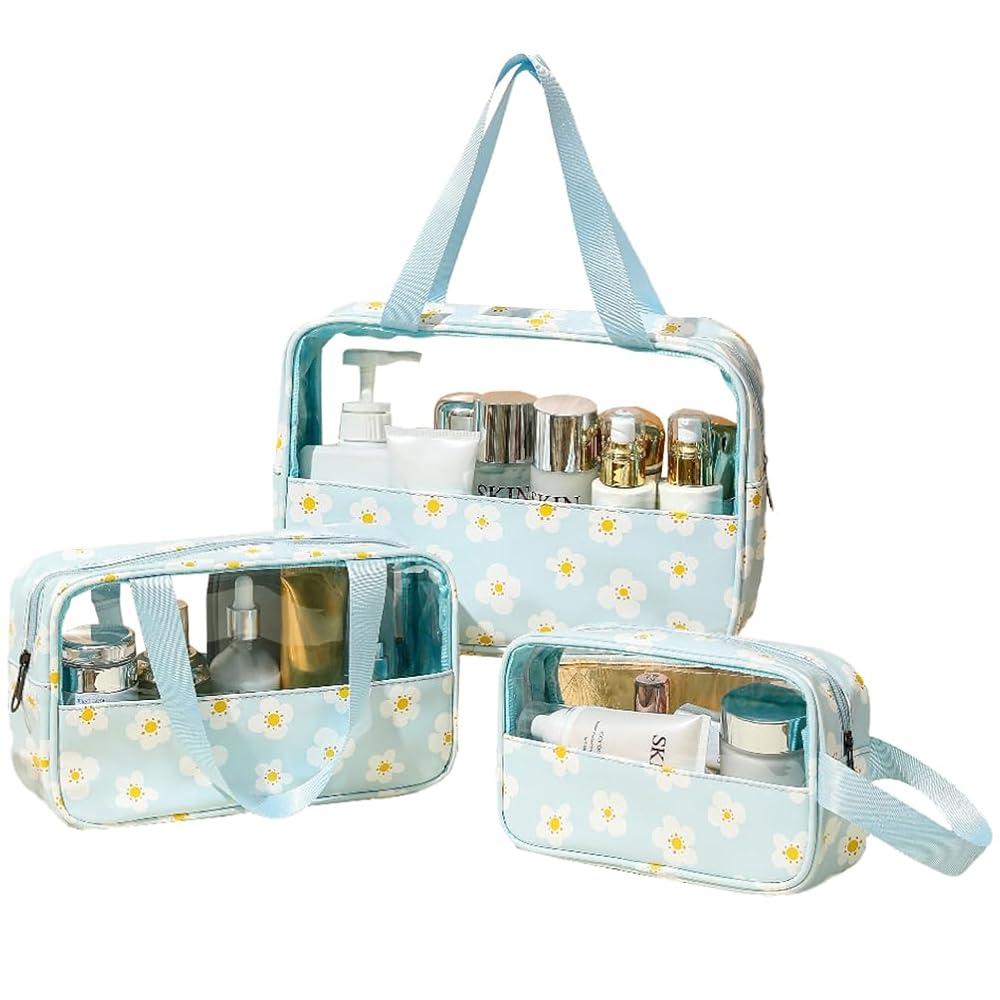 Pack Of 2 Travel Toiletry Bag, 3 Piece Waterproof Makeup Bag Set, Floral Pattern Cosmetic Organizer Bag with Handle, Spacious Makeup Bag with Clear Window (Light Blue, Floral)