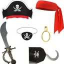 6 Pcs Pirate Accessories Kit for Men with Hat, Bandana & Pirate Eye Patch Captain Hook for Adult Halloween Party Supplies