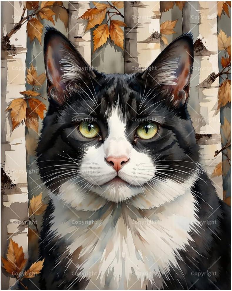 Tuxedo Cat Paint by Numbers Kit for Adults - DIY Black and White Cat in Autumn Forest Painting on Canvas 16x20In, Framed Acrylic Paint Set, Suitable for Beginners, Art for Home Decoration or Gifts