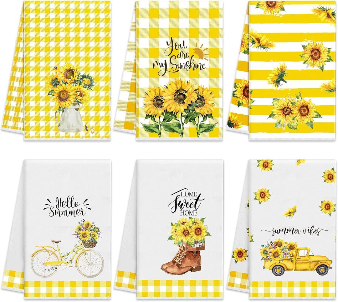 Oudain 6 Pcs Sunflower Kitchen Dish Towels Sunflower Absorbent Tea Towels Reusable Fast Drying Cleaning Dishcloths for Christmas Housewarming Gift (Yellow)