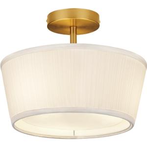 Gold Semi Flush Mount Ceiling Light Fixture,3-Light Ceiling Mount Drum Light Fixture with White Fabric Shade,12.6inch Modern Close to Ceiling Lamps for Living Room, Bedroom, Dining Room,Hallway