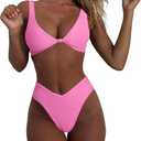 geluboao Bikini Set for Women Solid V Neck Knot Front Push Up High Leg Thong Two Piece Swimsuit (Pink, S)