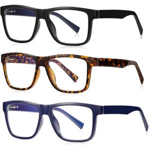 bullabulling 3 Pack Square Reading Glasses Blue Light Blocking Women Men Lightweight Compact Readers Computer Eyeglasses (Black/Leopard/Blue)