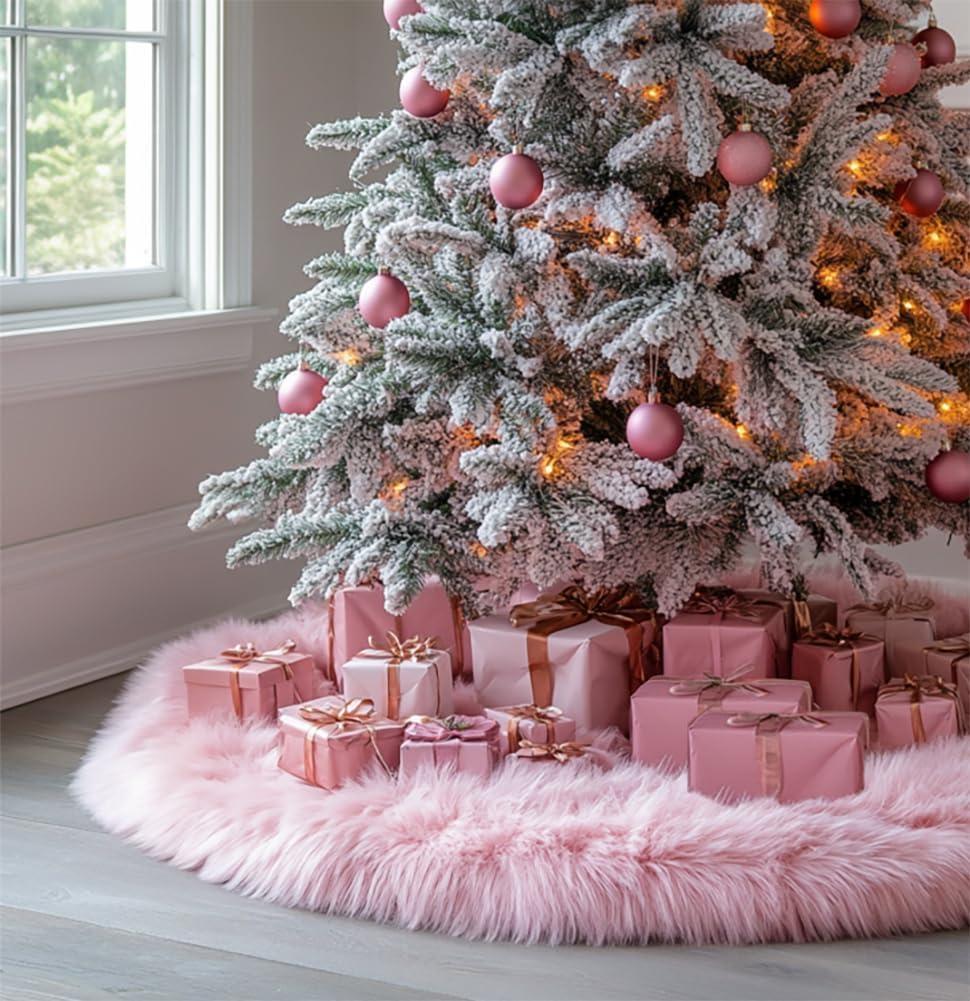 AOGU 30 Inch Faux Fur Christmas Tree Skirt Pink Plush Skirt for Merry Christmas Party Christmas Tree Decoration