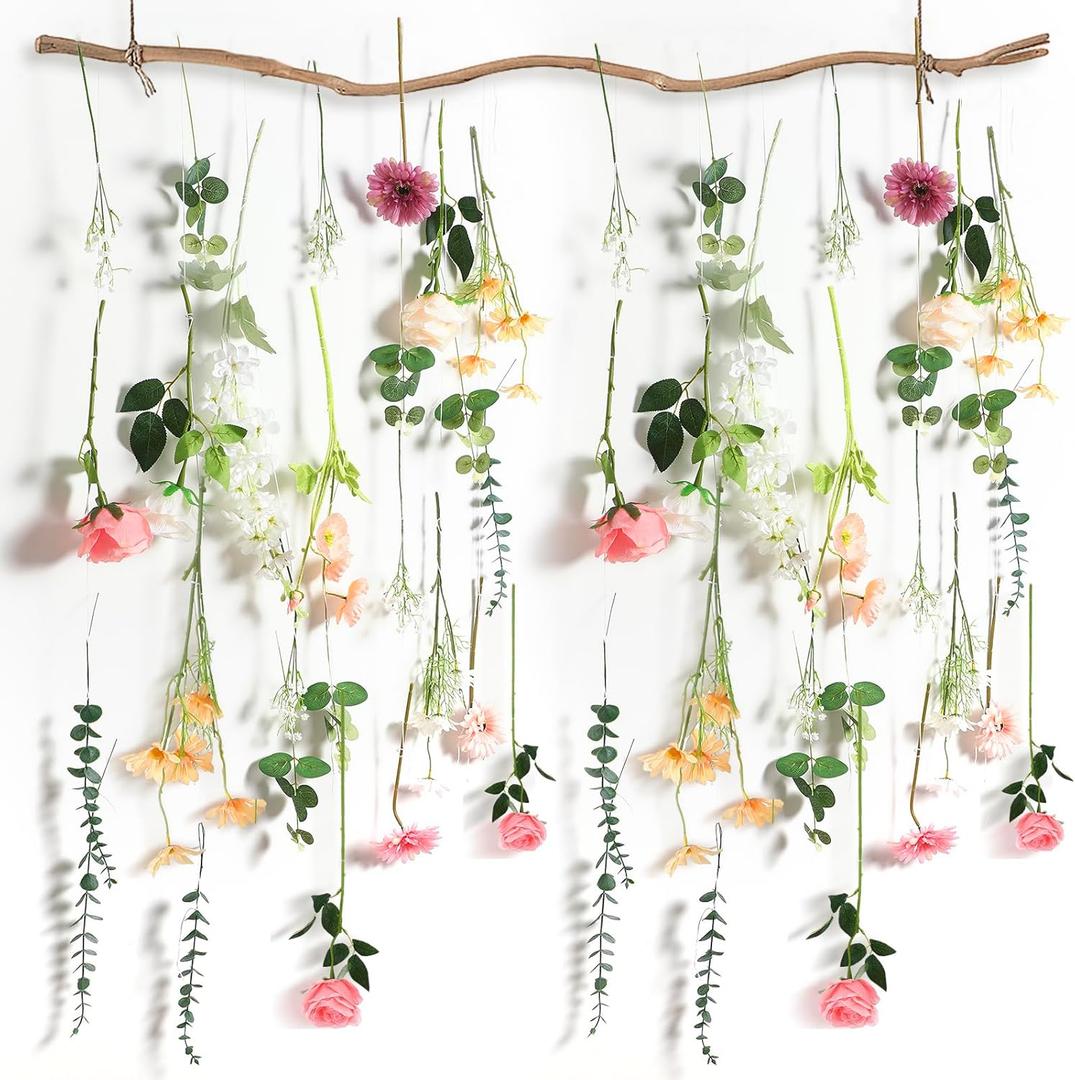 Hoteam 51 Pcs 26 Pcs DIY Flower Garland Artificial Hanging Wildflower Backdrop Set Fake Rose Eucalyptus Daisy Poppy Wild Flower Decor for Wedding Party Birthday Home Garden (White,Champagne,Pink)