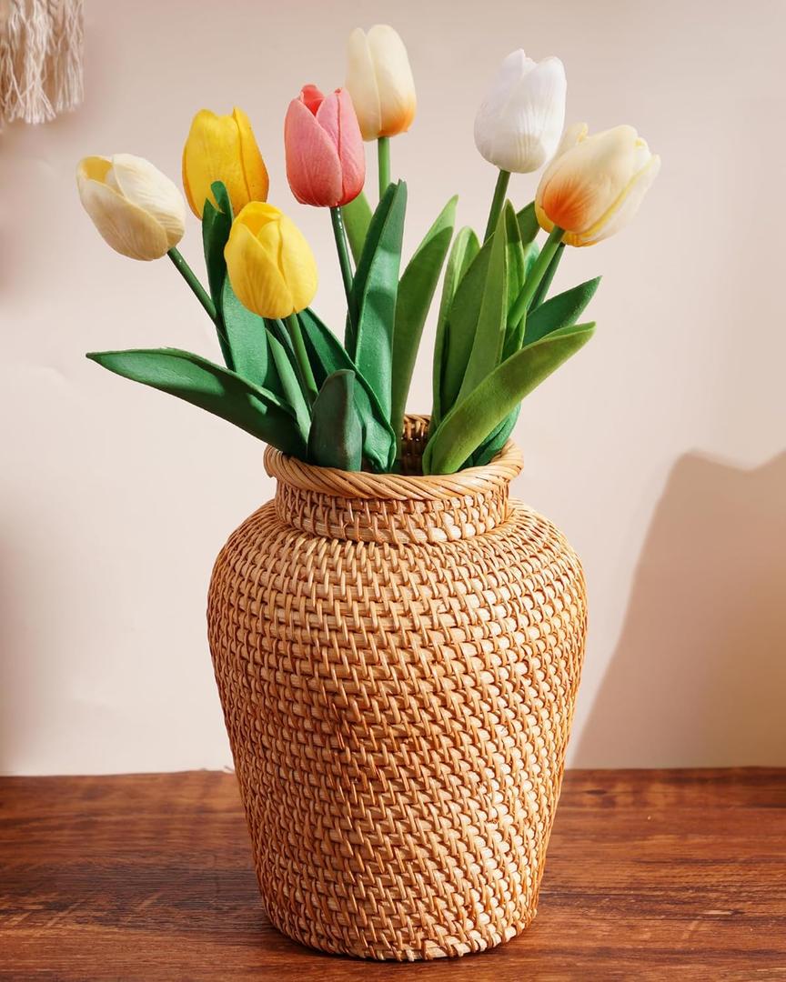 Rattan Vase, Small Braided Boho Vases for Pampas Grass & Flower Arrangement, Hand Woven Vases Decor, Rustic Farmhouse Round Wicker Vase Basket for Centerpieces,6" D x 8" H, Brown