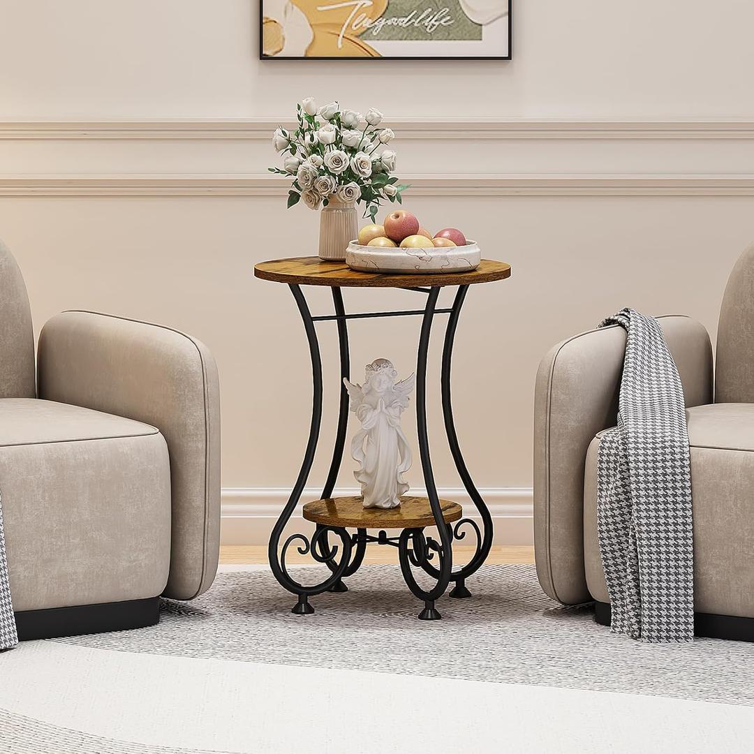 Side Table, Small Round End Table with Lower Shelf for Small Spaces, Portable Couch Sofa Coffee Table, Bedside Nightstand Table with Metal Frame, Retro Accent Drink Table for Living Room Bedroom Balcony (17.72" L x 17.72" W x 24.22" H, Brown)