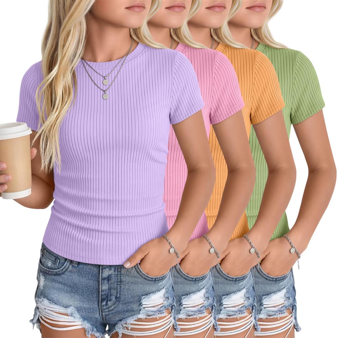 LessonZoo 4 Pack Girls Short Sleeve Slim Shirts, 4-Color, 13-14 Years