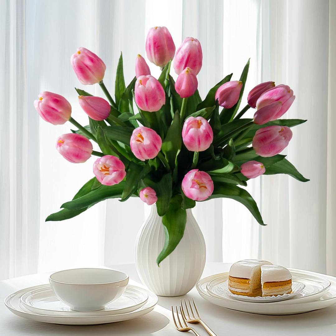 20PCS Fake Tulips Artificial Tulip Silk Flowers Fake PU Bouquet Artificial Flowers Faux Flowers with Gift Box Soft Faux Tulips Bouquets Arrangements for Party Wedding Home (Pink)