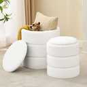 Round Ottoman with Storage Set of 2, Soft Teddy Velvet Upholstered Foot Stool Vanity Chairs, Support 330lbs Padded Seat Multifunctional Ottomans Footrest, Foot Rest for Living Room, White