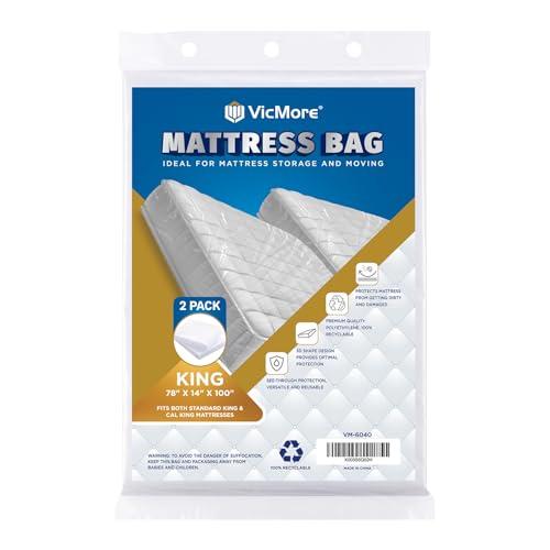 VICMORE 2 Pack King Mattress Bags for Moving, Storage & Disposal, 1.5 Mil Clear Plastic Mattress Cover, 78" x 100" x 14" Fits King