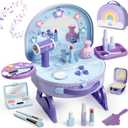 Lehoo Castle Toddler Vanity with Makeup Set, Portable Makeup Vanity for Girls with Lights Music Electric Hairdryer, Pretend Play Princess Toys for Dress Up, Birthday Gifts for 3 4 5 Years Old Girls