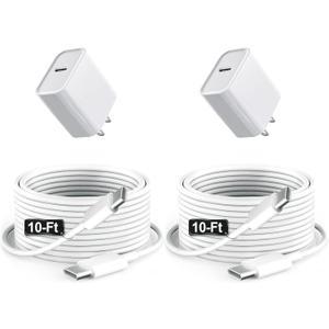i Pad Charger Fast Charging 10ft for Apple iPad Pro 13/12.9/11 in 2025/2024, iPad A16 11th/10th Gen 10.9, iPad Air M3 M2 6th/5th, iPad Mini 7 A17 Pro, 20W USBC Block Long USB C to C Cable,2-Pack White (20w+10ft(USB-C to C)2set)