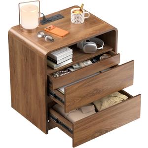 23.8" Modern Nightstand with Hidden Drawers Walnut Night Stand with Charger Station Mid Century Bedside Table Curved Wood Side Table for Bedroom Dorm