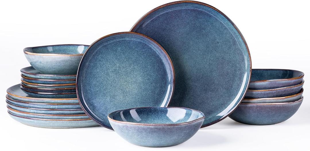 AmorArc Ceramic Dinnerware Sets,Handmade Reactive Glaze Stoneware Plates and Bowls Set,Highly Chip and Crack Resistant | Dishwasher & Microwave Safe Dishes set,Service for 6 (18pc) (Ceylon Blue)