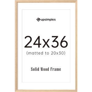 upsimples 24x36 Poster Frame, Natural Solid Wood Picture Frames, Display 20x30 with Mat or 24 x 36 Without, Vertical & Horizontal Wall Hanging, 1 Pack, Natural