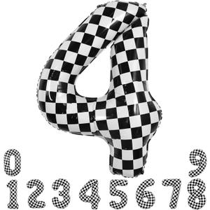 TONIFUL 40 Inch Checkered Number 4 Balloon 4th Race Car Birthday Party Supplies Black and White Large Number Balloon for Girls Boys 4th Birthday Fast Race Car Flag Party Decorations