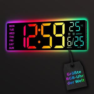 EASYERA 16.5" Large Digital Wall Clock with BT Sync, RGB Lights with 11 Scenes Mode Remote Control, Dual Alarms with Big LED Display, Auto DST, Temperature for Classroom Gaming, Black