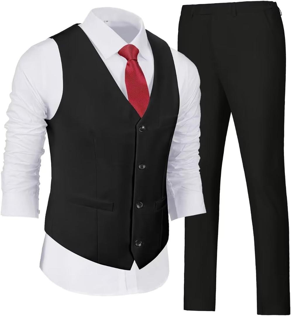 Wehilion Men's Suits 2 Pieces, Vest Pants Set for Men, V-Neck Slim Fit Casual Suit Waistcoat (XX-Large, Black)
