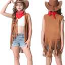 Cowgirl Outfits for Girls Kids 6 Pcs Western Costume Accessories Cowboy Hat Fringe Vest Earring for Halloween Party (L)