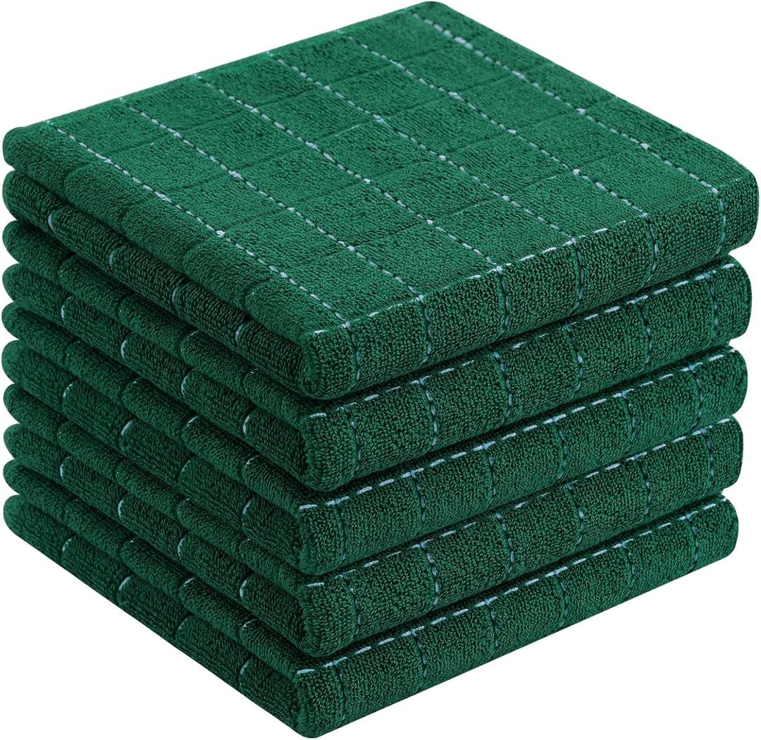 Homaxy 100% Cotton Terry Kitchen Towels(Dark Green, 13 x 28 inches), Checkered Designed, Soft and Super Absorbent Dish Towels, 5 Pack