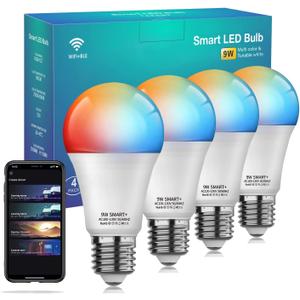 Smart Light Bulbs, WiFi & Bluetooth 5.0, Work with Alexa Google Assistant, App Control, Color Changing LED Bulb, E26 800LM Dimmable RGB Lights, Smart Home Lighting, Dimmable, 4Pack