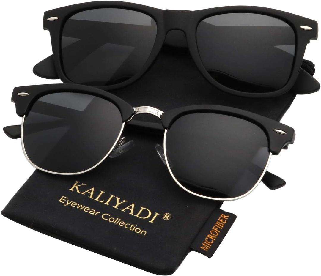 KALIYADI Polarized Sunglasses for Men and Women Semi-Rimless Frame Driving Sun glasses UV Blocking (B04-(2 Pack) Matte Black | Black | Silver Rim / Matte Black)