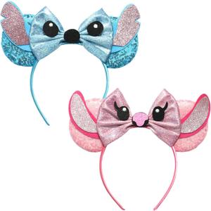FACHPINT Stitch Ears, 2pcs Mouse Ears Headband for Stitch Angel, Cute Sequin Mini Blue/Pink Ears for Christmas Decoration, Girl Boy Photo Props, Party