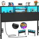 Aheaplus Headboard for Queen Size Bed with Storage, Headboards with Outlets, USB Ports and LED Light, Queen Size Head Board Only, Height Adjustable, Reversible, Sturdy and Stable Headboard, Black