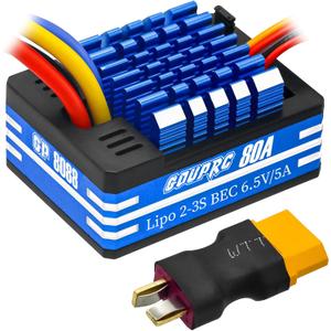 GOUPRC 80A 2S-3S LiPo Metal Brushed ESC Electronic Speed Controller T-plug/XT60 Plugs for 1/10 RC Car RC Boat for Use with 540/550/750 Motors