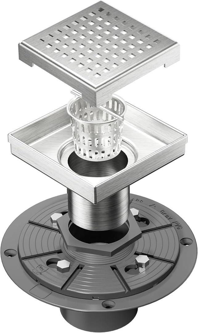 Neodrain 4-Inch Square Shower Drain with Removable Quadrato Pattern Grate, PVC Shower Drain Base and Rubber Gasket for Bathroom Floor Drain, Brushed 304 Stainless Steel, Includes Hair Strainer