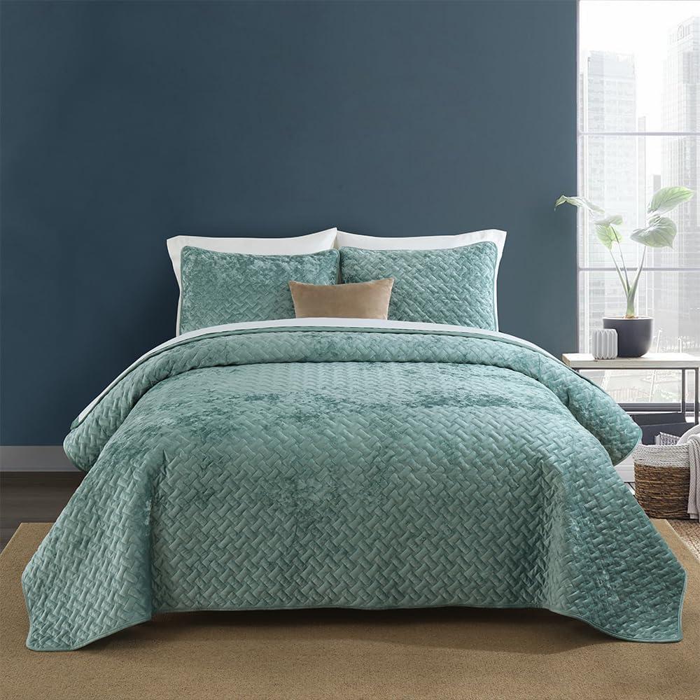 Velvet Bedspread Quilt Bedding Sets,Luxury Elegant Ultra Soft Velvet Comforters Coverlet Blankets,Weave Stitching Pattern Cotton Quilted Bedspread for All Seasons,Aqua Green,King Size, Only Blanket