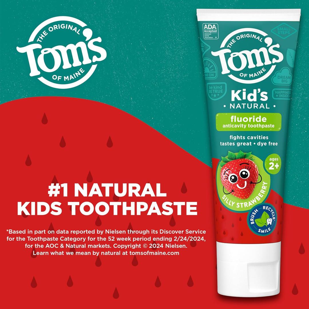 Tom's of Maine Anticavity Kids Natural Toothpaste Variety Pack, Strawberry, Orange Mango, Flavors, Kids Toothpaste with Fluoride, Safe for Ages 2 and Up, 5.1 oz (Pack of 2)