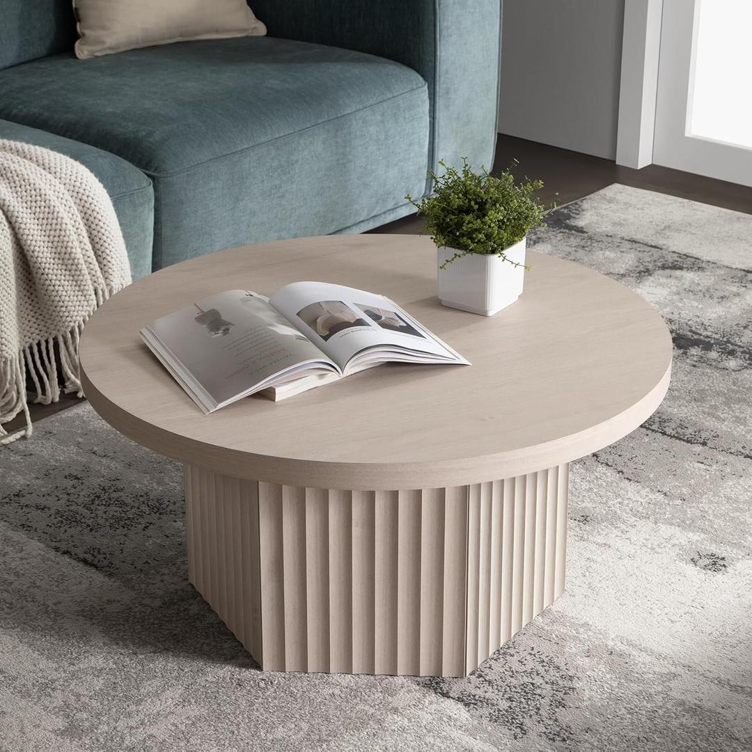 SICOTAS Round Coffee Table for Living Room, 32" Circle Modern Fluted Center Coffee Table with Storage, Mid Century Accent Tea Dining Table for Small Space, Apartment, White Alder (31.5"D x 31.5"W x 15.6"H)