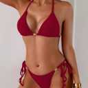 swimall Women's Halter Triangle Bikini Sets Sexy Two Piece Swimsuit Gold Metal Side Tie Bathing Suit (L)