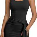 Women Summer Tank Dress Tie Front Bodycon Sleeveless Square Neck Casual Party Club Mini Dresses (Black, S)