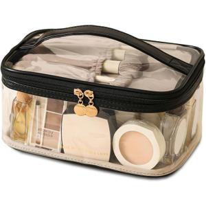 Large Clear Makeup Bag Big Cosmetic Bags Waterproof Toiletry Orangizer with Handle Transparent Toiletries Case Travel Pouch for Women Girls Daily Beauty Purse Essentials Skincare Make up Bag Black